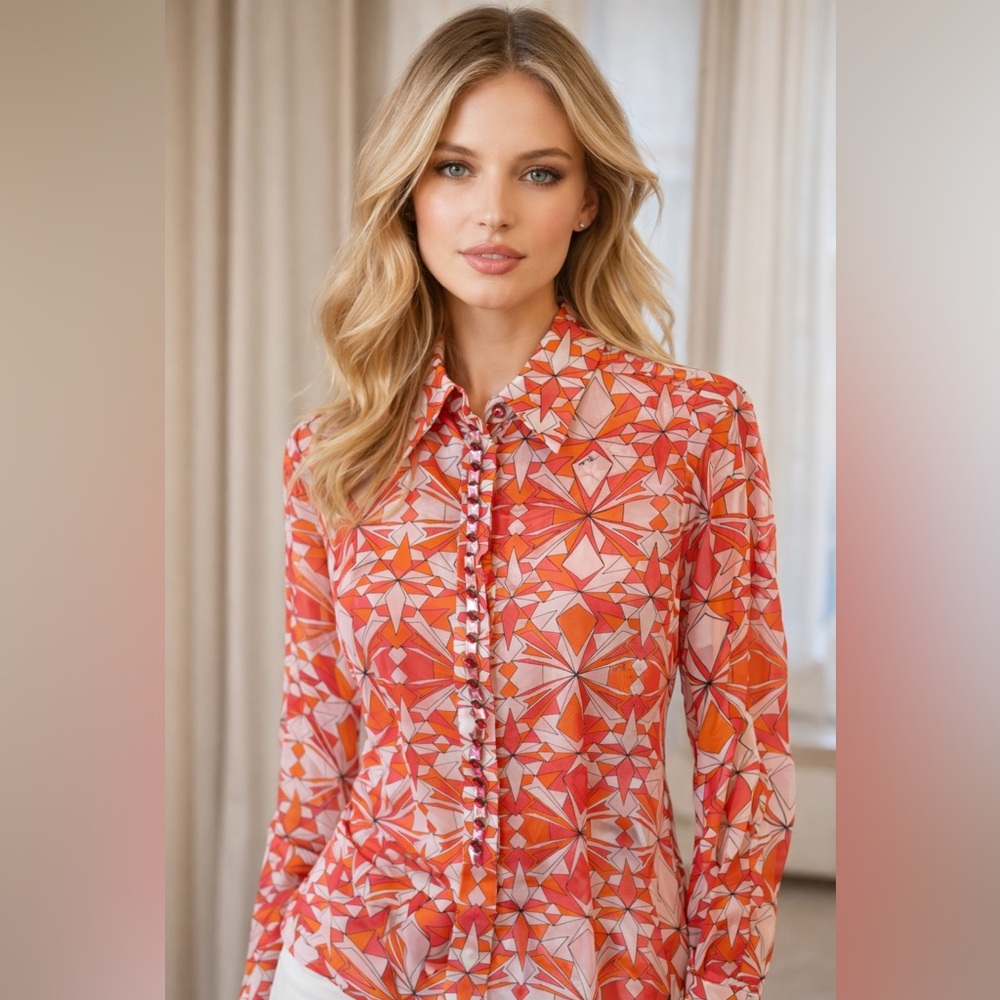 Emilio Pucci Silk Geometric Print Button-Front Blouse Size US 4 Italy